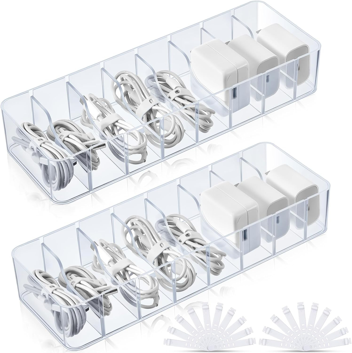 2 Pcs Cable Organizer with 20 Wire Ties, Plastic Cord Storage Charger Box Electr