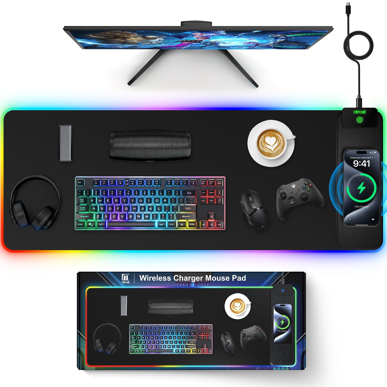 Magnetic Charging Mouse Pad, 31.5x11.81 Inch XL Gaming Mousepad, 11+5 RGB Lig...