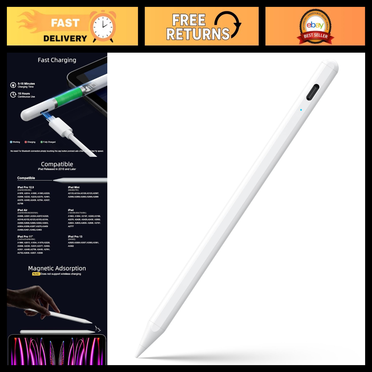 Stylus Pen for iPad 6-11th Gen, 2X Fast Charge, Palm Rejection, White Color