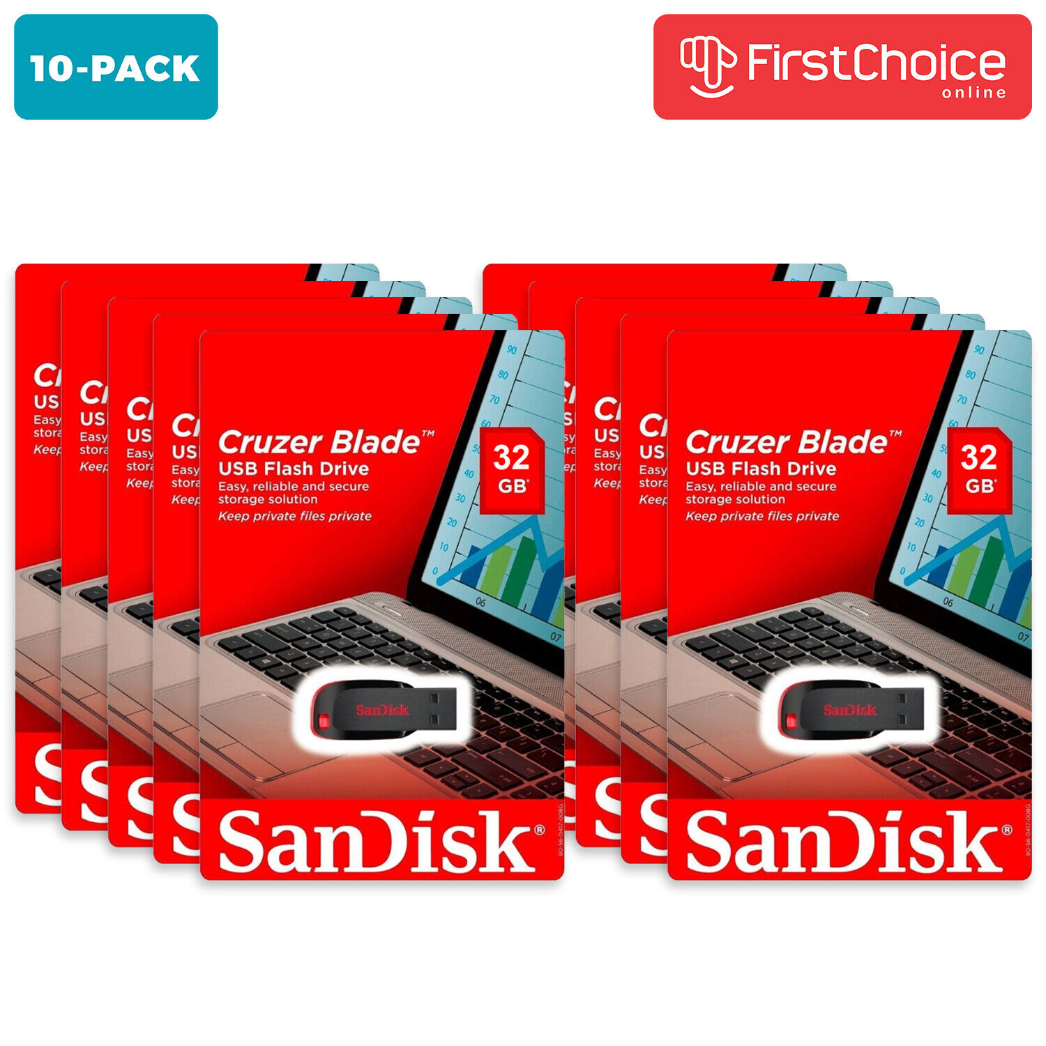 SanDisk 32GB Cruzer Blade USB Flash Drive Thumb Memory Stick Pack of 10 - By Lot