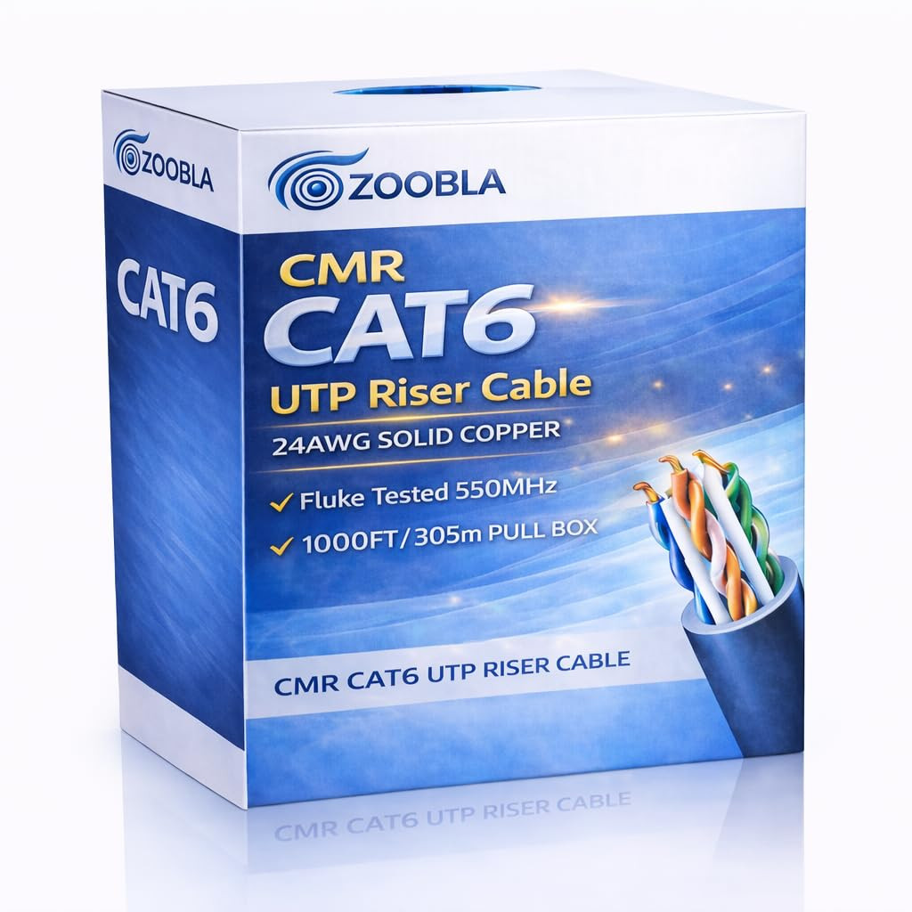 | Cat6 Riser Ethernet Cable 1000Ft (305M) – 24AWG Solid Copper UTP CMR Rated, 55