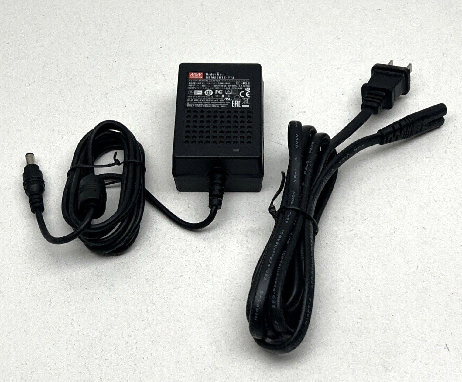 Mean Well GSM25B12-P1J Medical Power Supply Adaptor w/Cord 12VDC 25W 2.08A