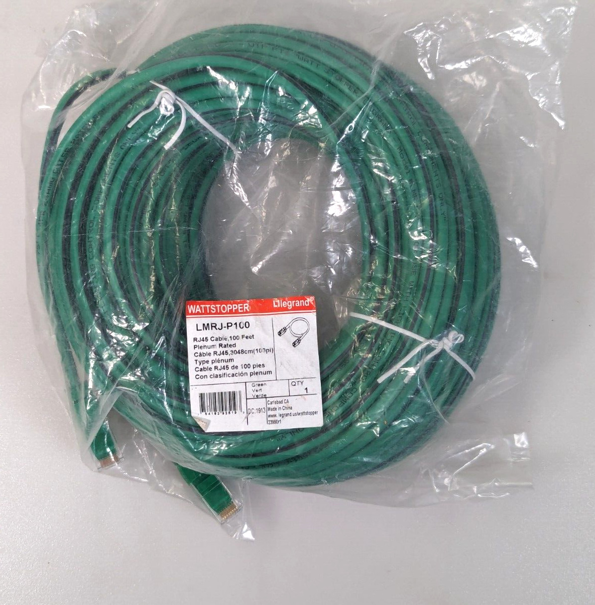 Wattstopper LMRJ-P100 RJ45 Cable 100 Feet Plenum Rated Green Legrand