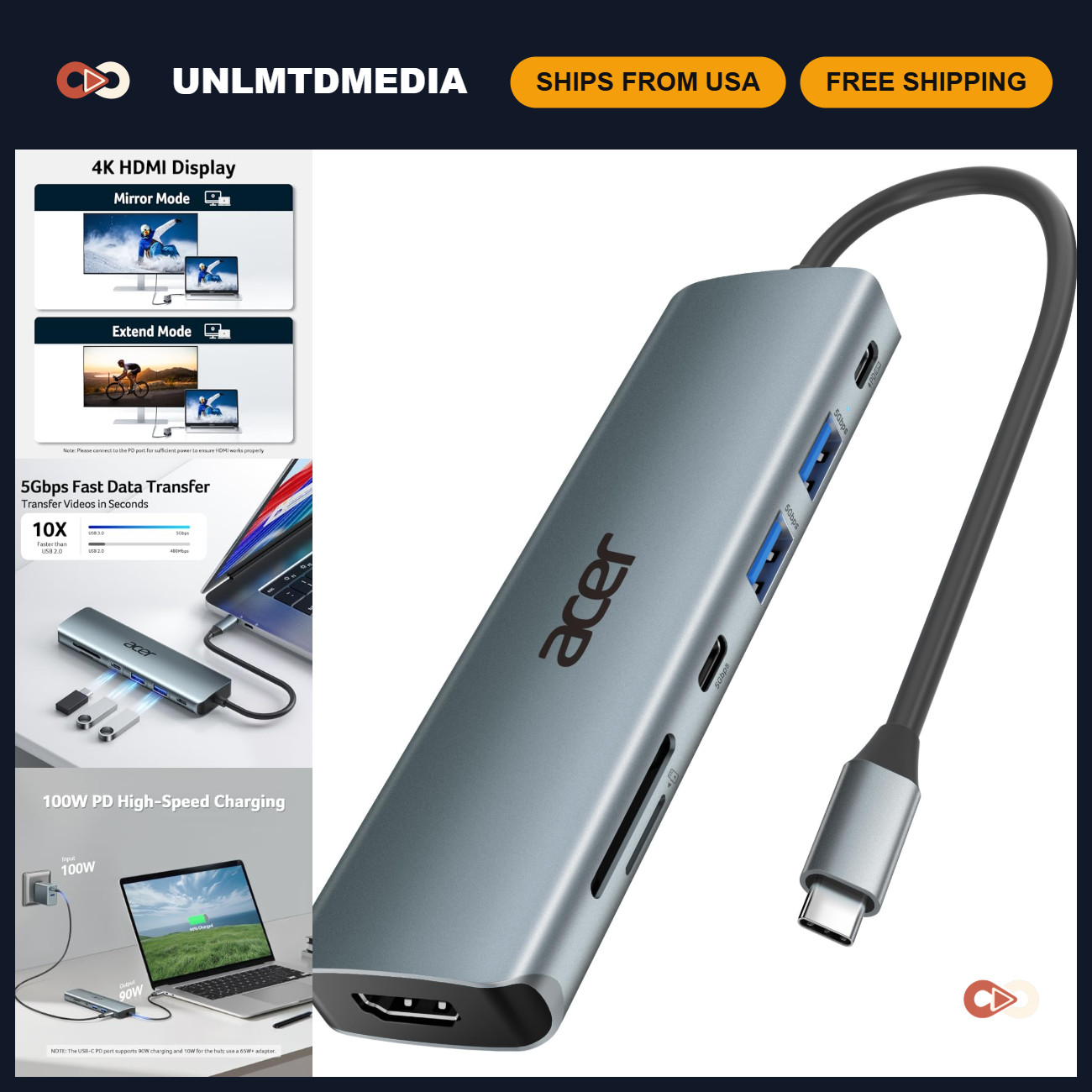 7-in-1 USB C Hub Multi-Port Adapter for Laptop & Mac Type C Devices - Fast Data