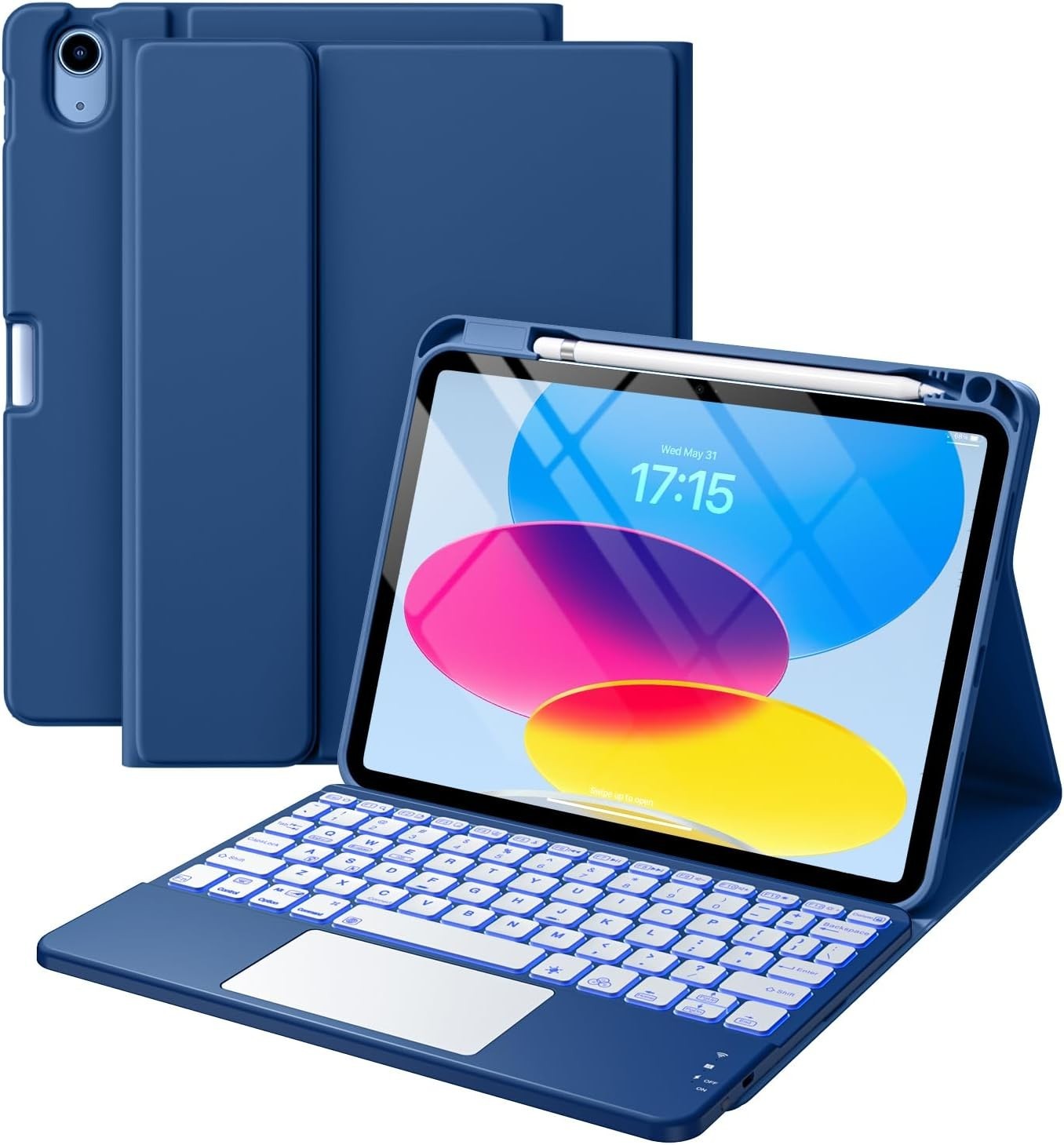 Harvopu iPad 11th 10th Gen Keyboard Case Trackpad Backlit Pencil Holder Navy