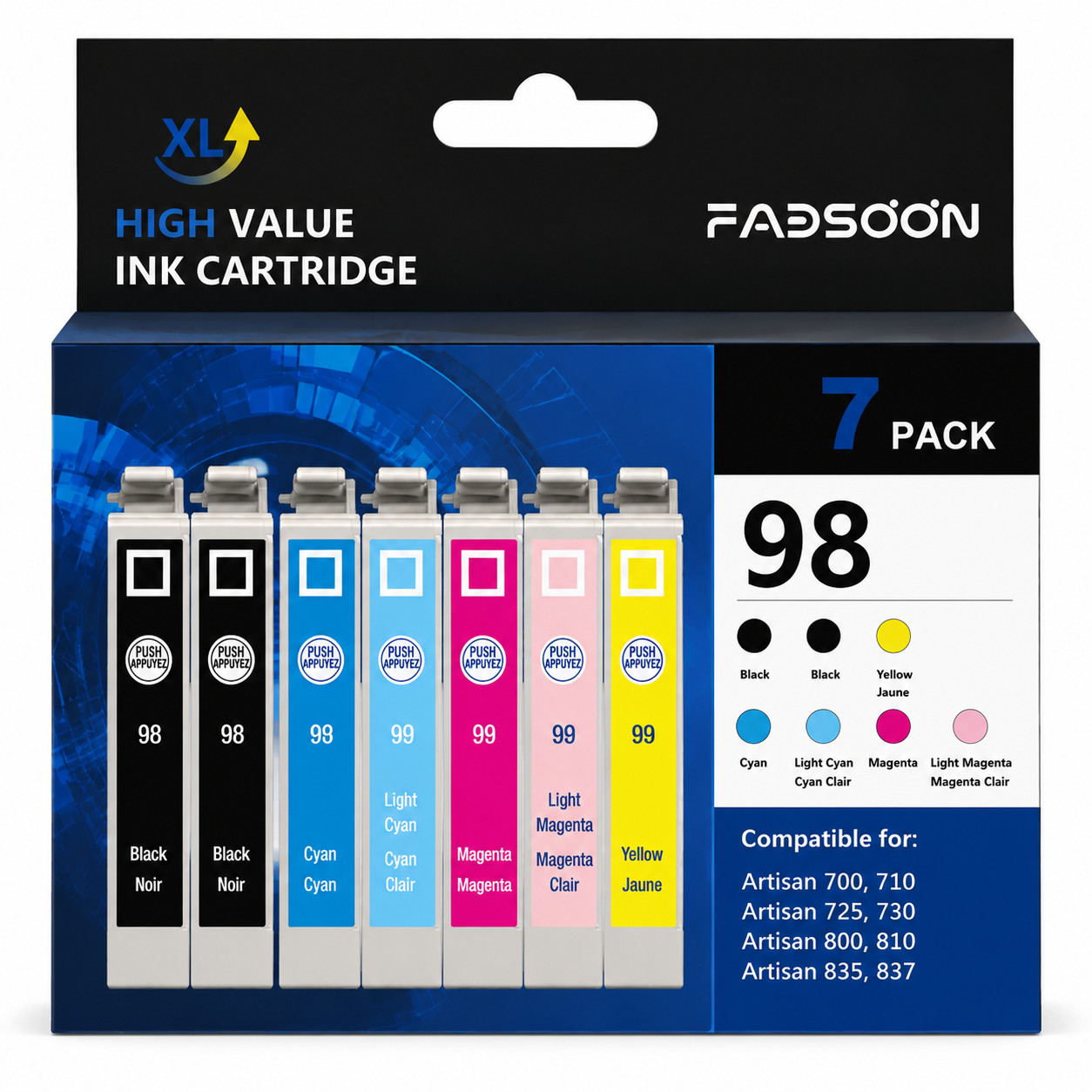 FADSOON® 7PK T098 98 Ink Cartridge for Epson Artisan 730 837 810 725 835 800 710