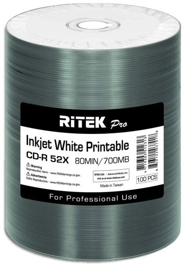 100-Pak Ritek PRO White Inkjet Hub Printable 52X 80-Min CD-R's in Tapewrap