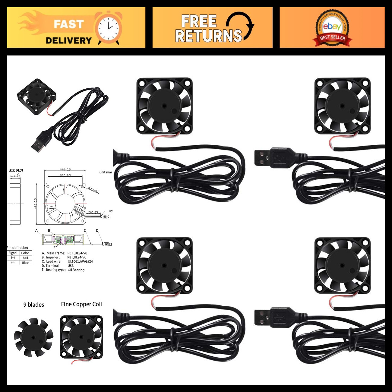 4 Pack 40mm USB Brushless Cooling Fans - High Performance DC 5V, 4200 RPM for Sm