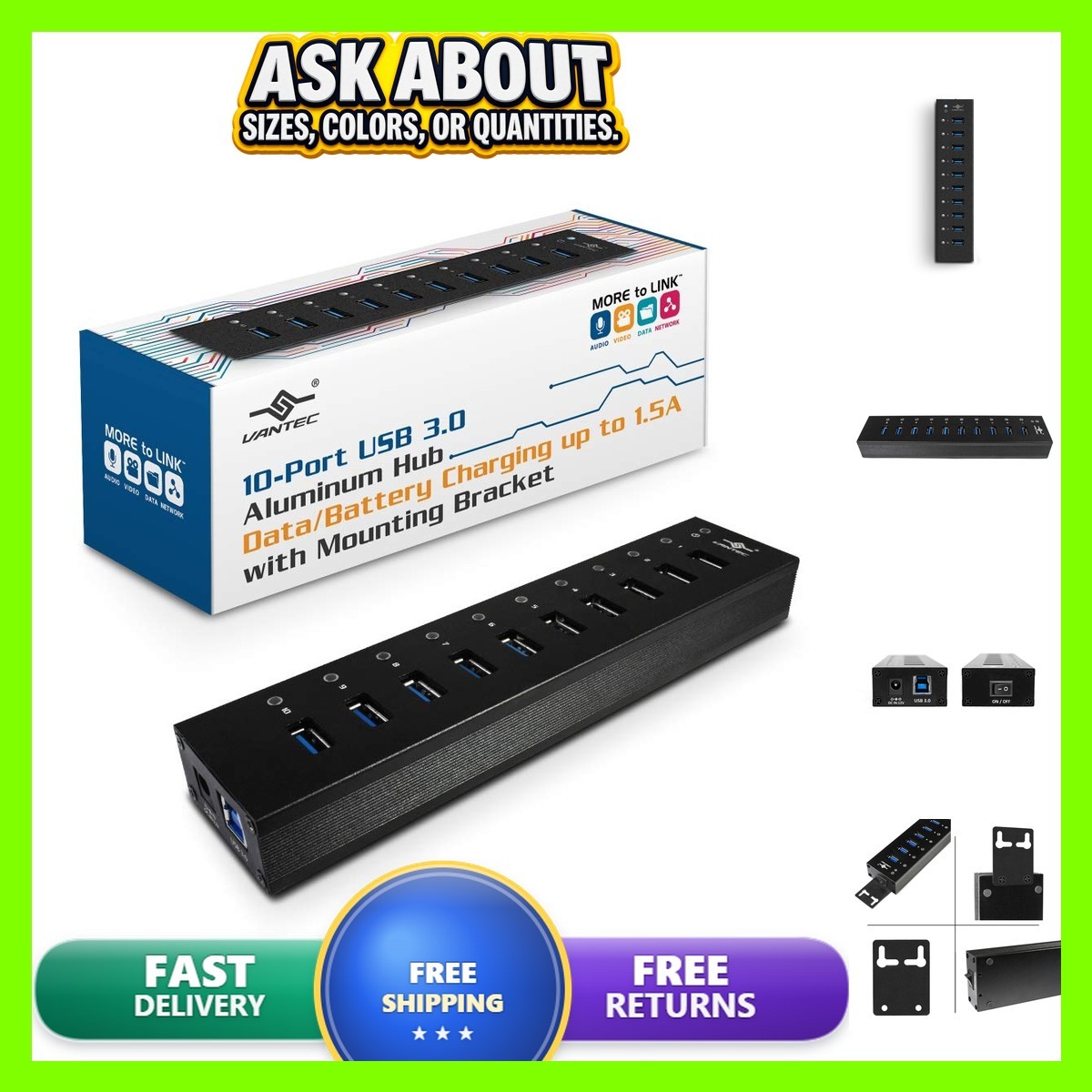 Vantec 10-Port USB 3.1 Hub Power Adapter UGT-AH110U3-BK