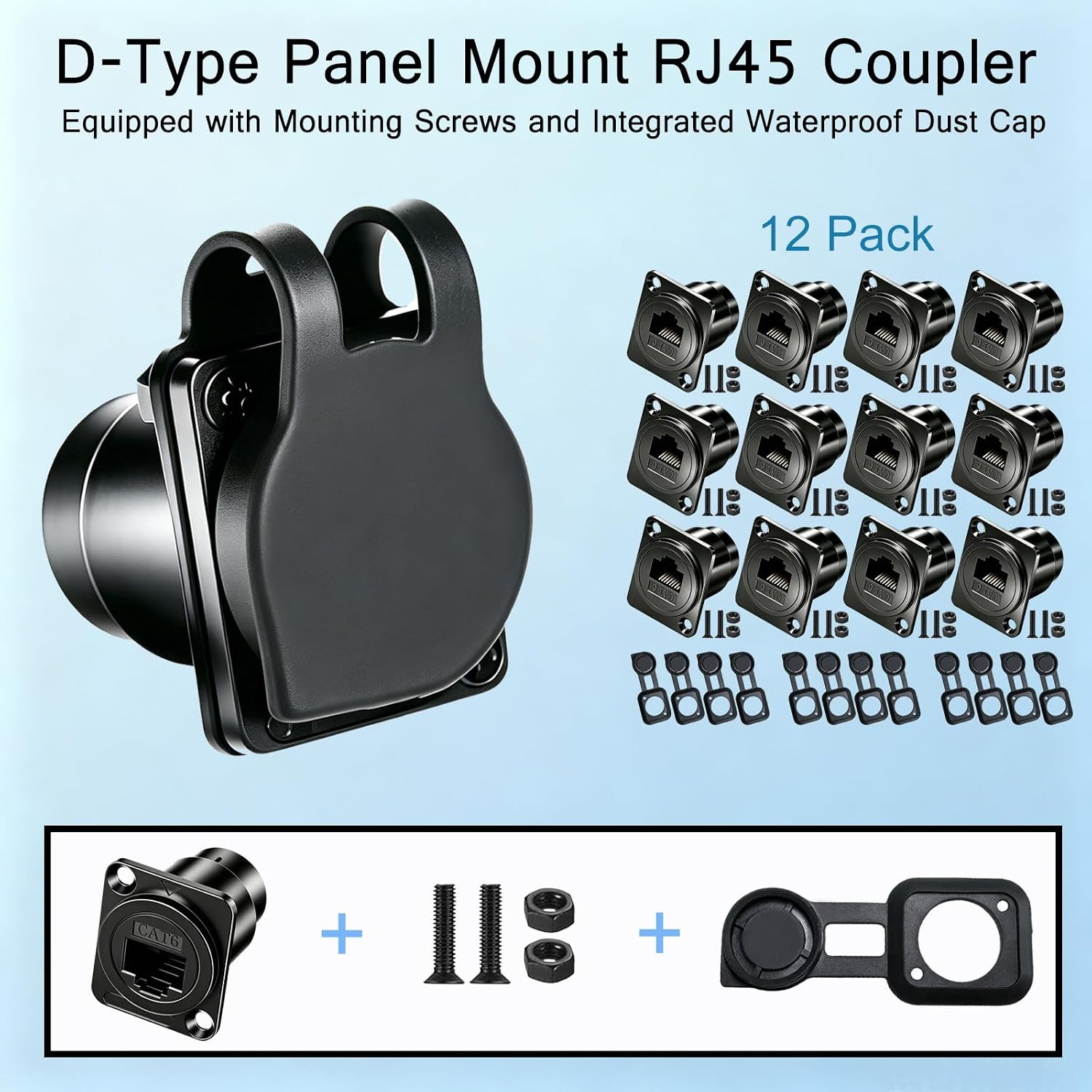 RJ45 CAT6 D‑Panel Mount Ethernet Coupler Female to Female 12 Pack