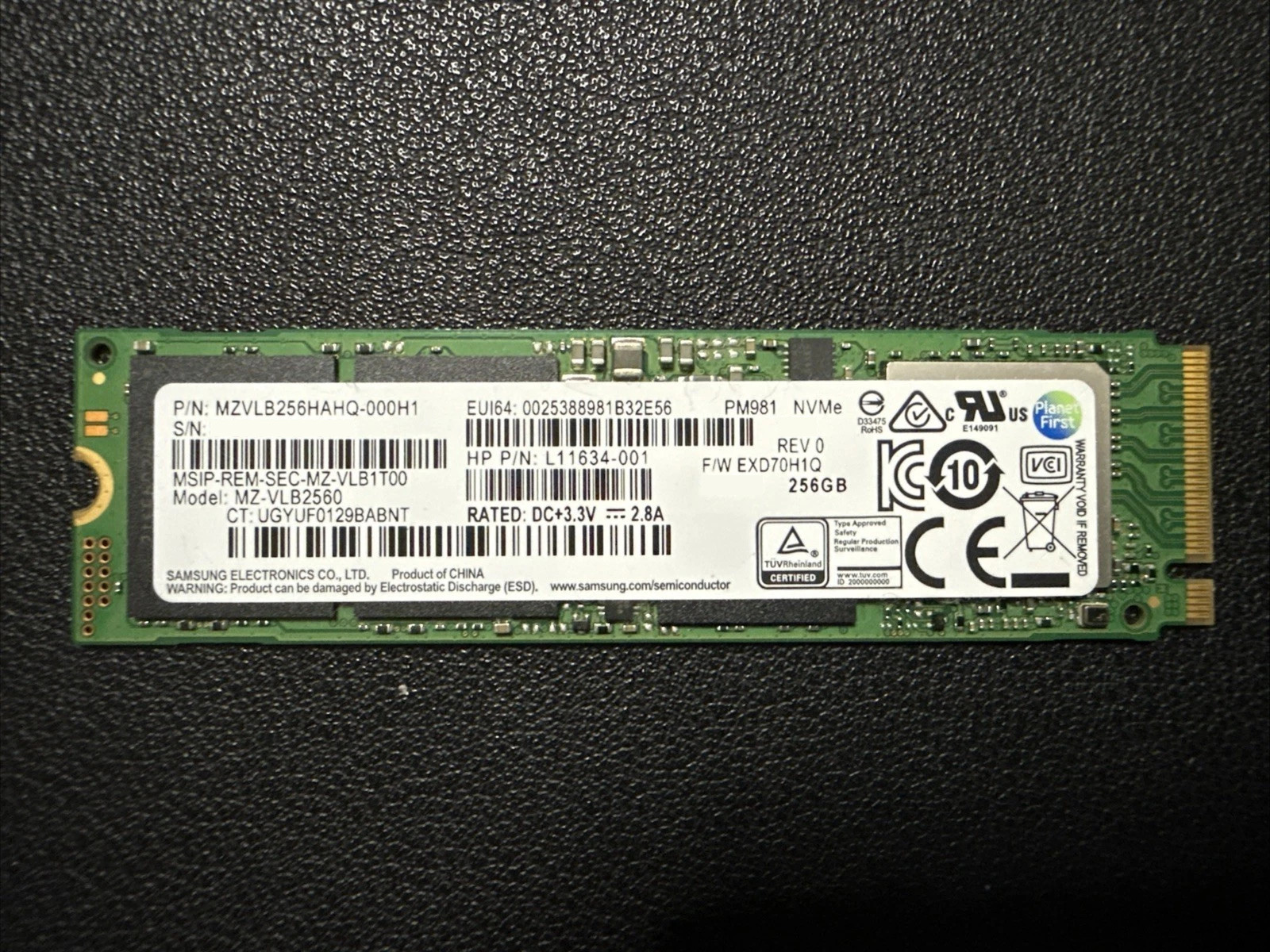 SAMSUNG PM981 256GB M.2 NVMe PCIe 3.0 x4 SSD MZ-VLB2560 HP L11634-001