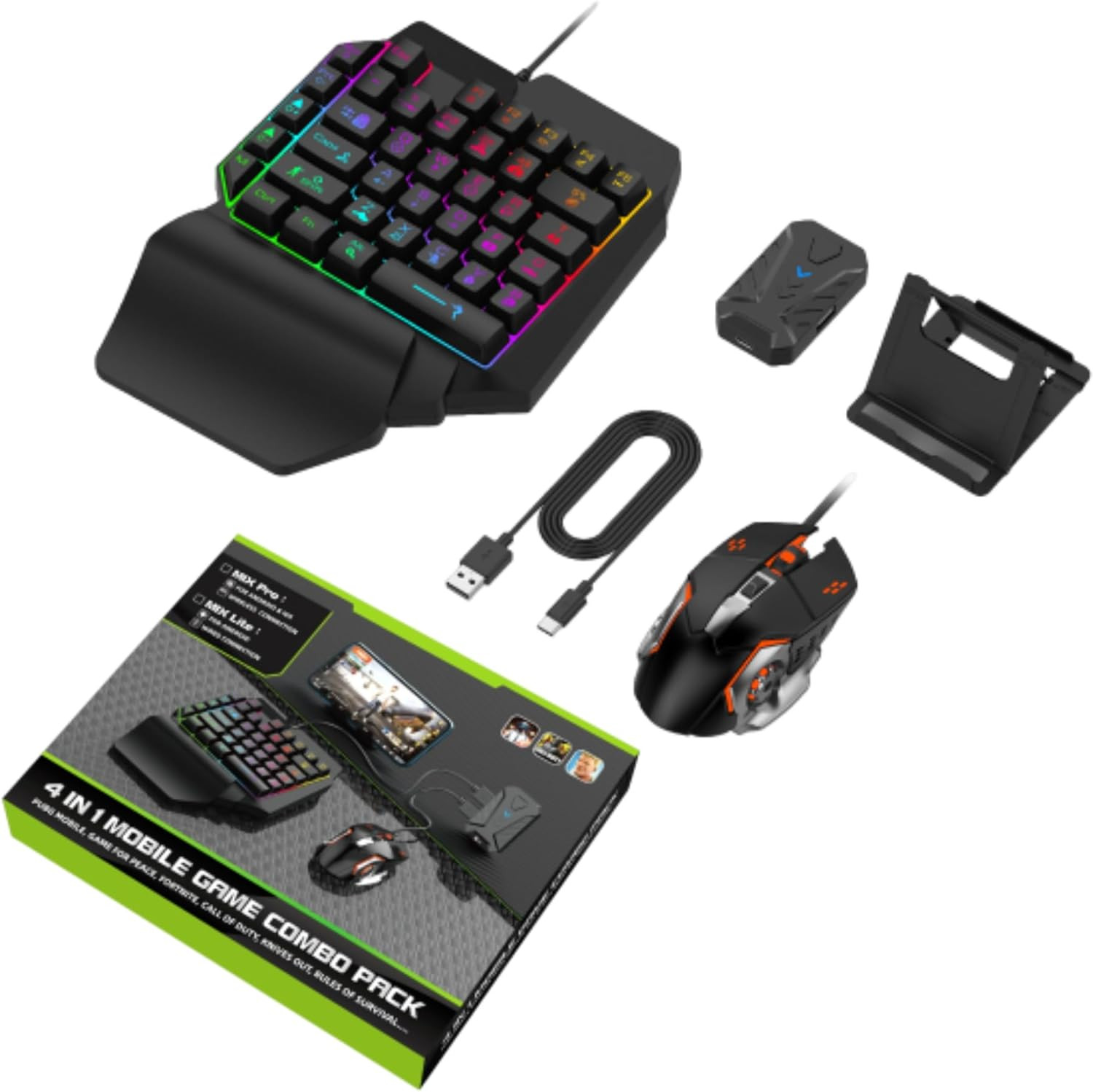 Half Hand Gaming Keyboard and Mouse Combo, 4 in 1 Mobile Game Combo Pack, Mobile