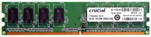Memory 1gb 240p dimm 128mx64 ddr2 pc2-5300 unbuff ct12864aa667.m8fj3
