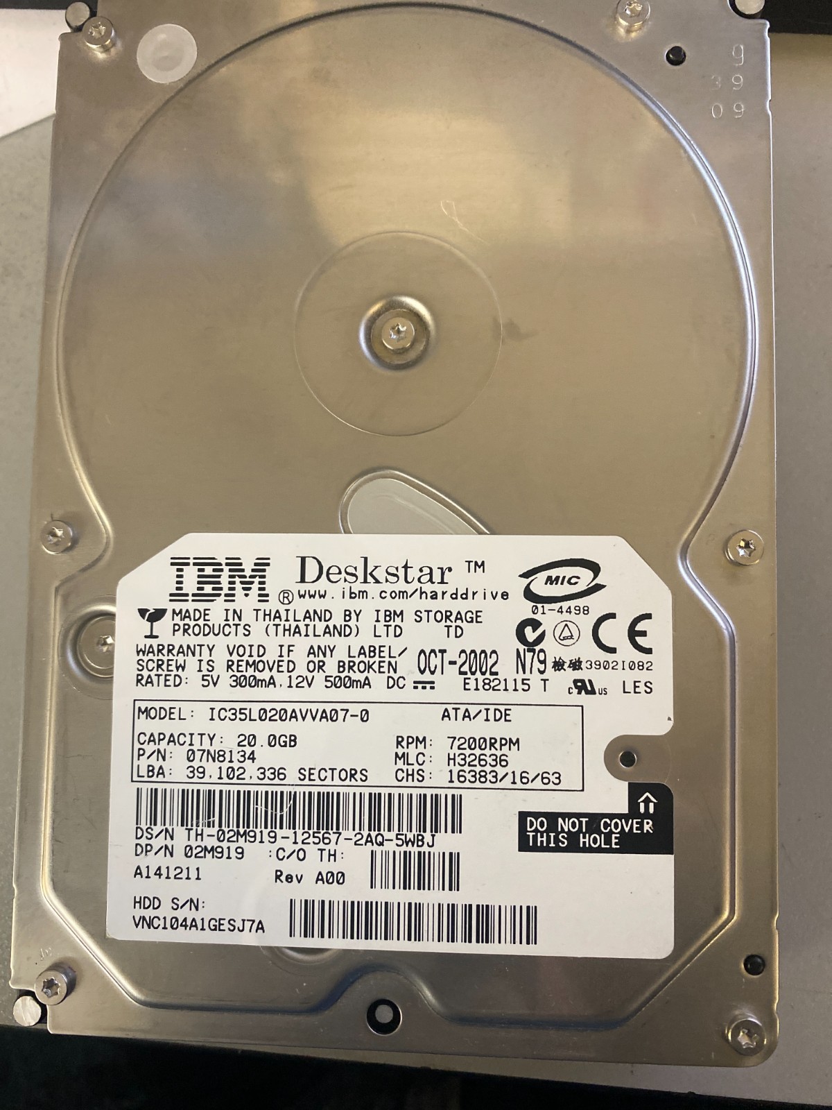 HITACHI 07N8134 IC35L020AVVA07-0 20.5GB 7.2K RPM Cache 2MB ATA-100 3.5"