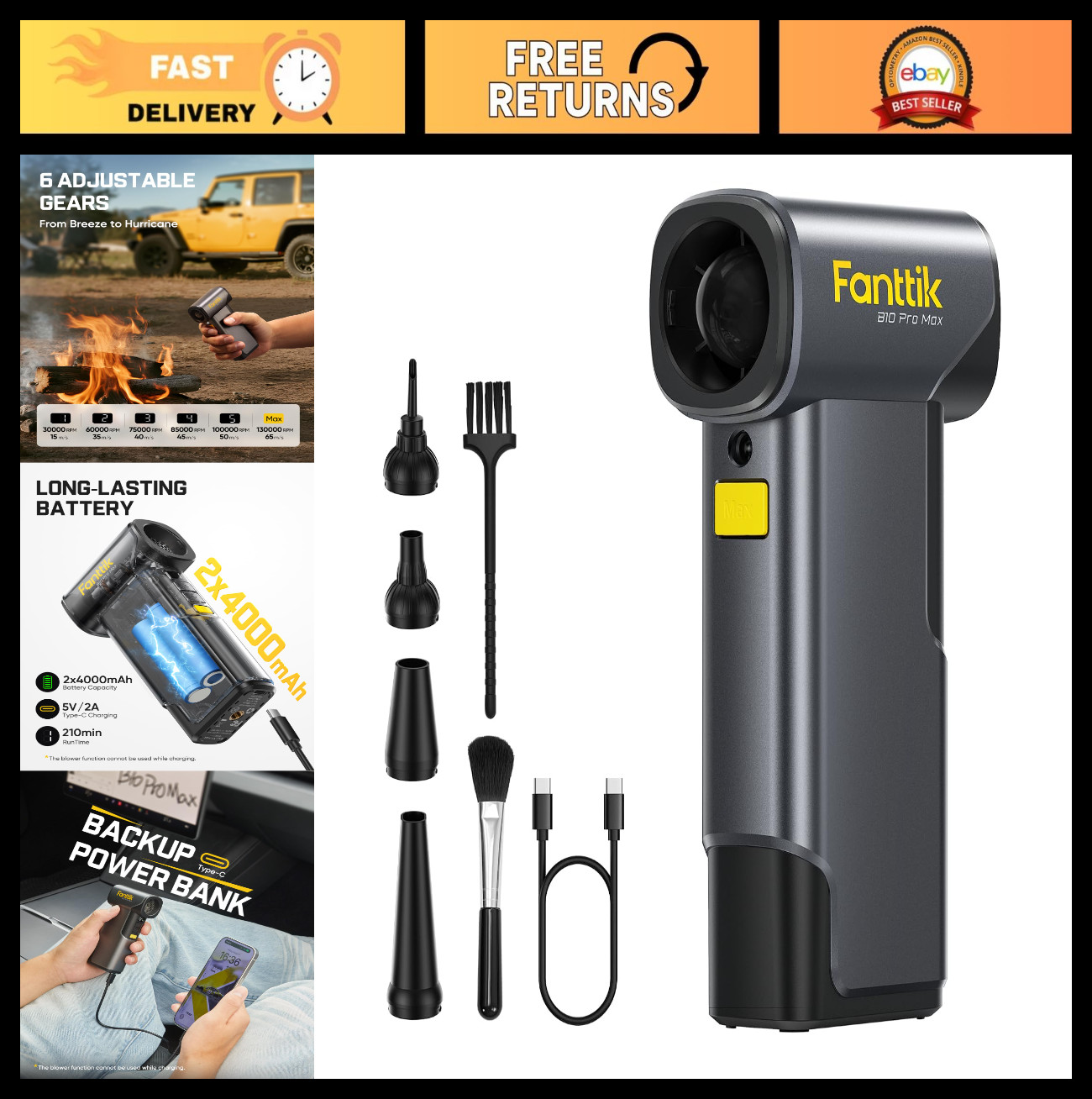 High-Power Electric Air Duster 130,000 RPM, 6-Speed, Rechargeable, for PC & Car