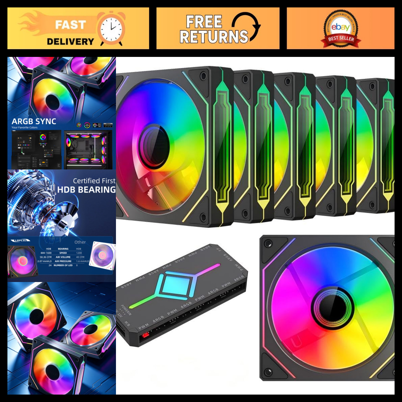 6 Pack 120mm ARGB PWM Case Fans, 5V Addressable RGB Cooling with Controller