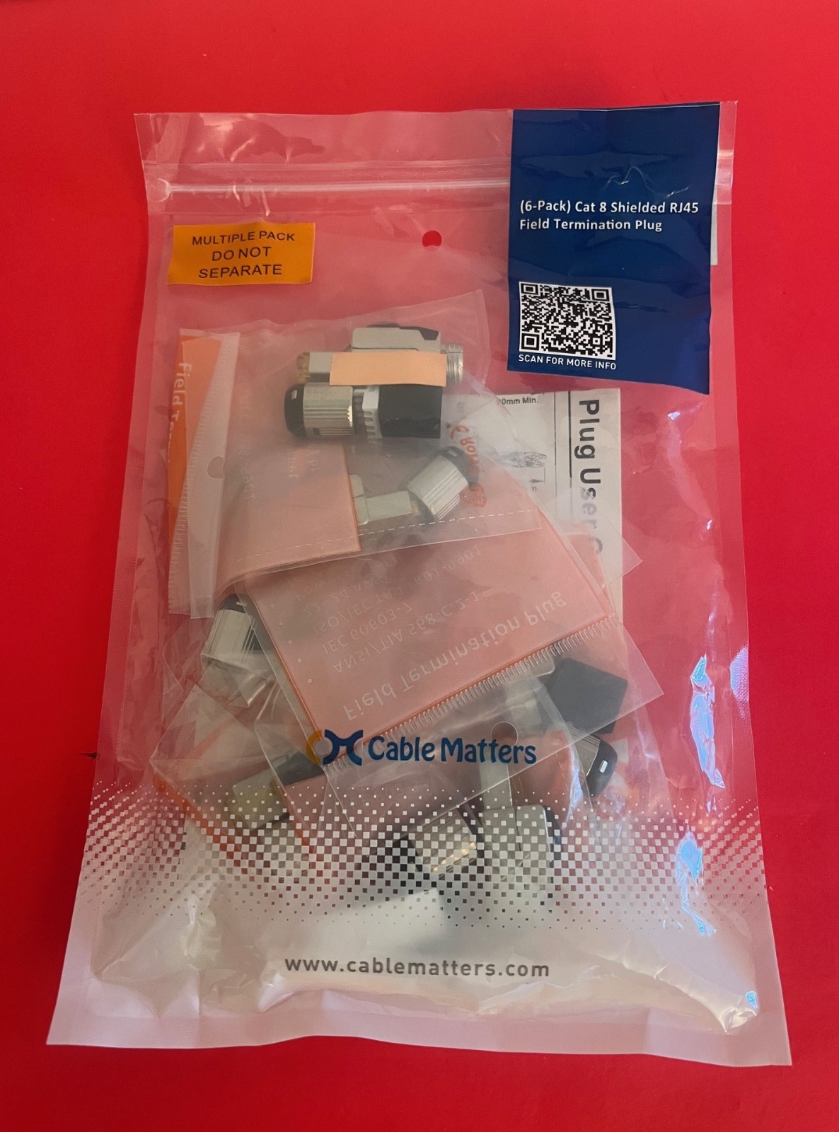 6-Pack Tool-Free Shielded RJ45 Cat 8 Field Termination Plug Connector