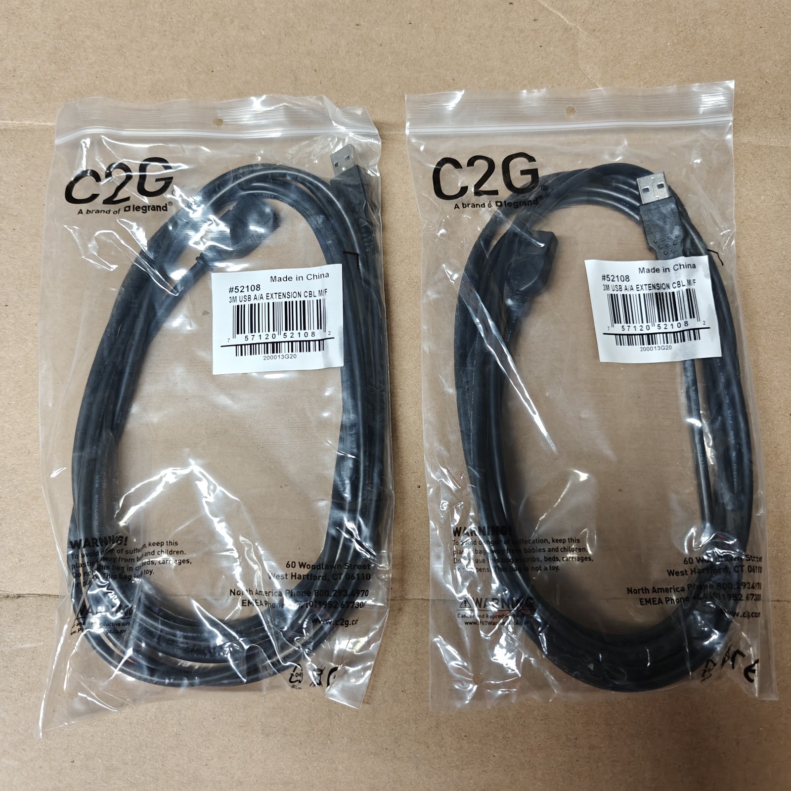 2 x USB 2.0 A Male to A Female Extension Cables - Black (C2G #52108 - 3m/9.84ft)