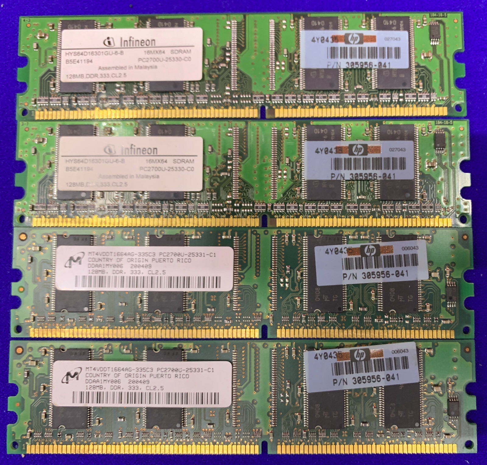 QTY 4 - HP / HEWLETT PACKARD 305956-041 DIMM MEMORY MODULES 128MB