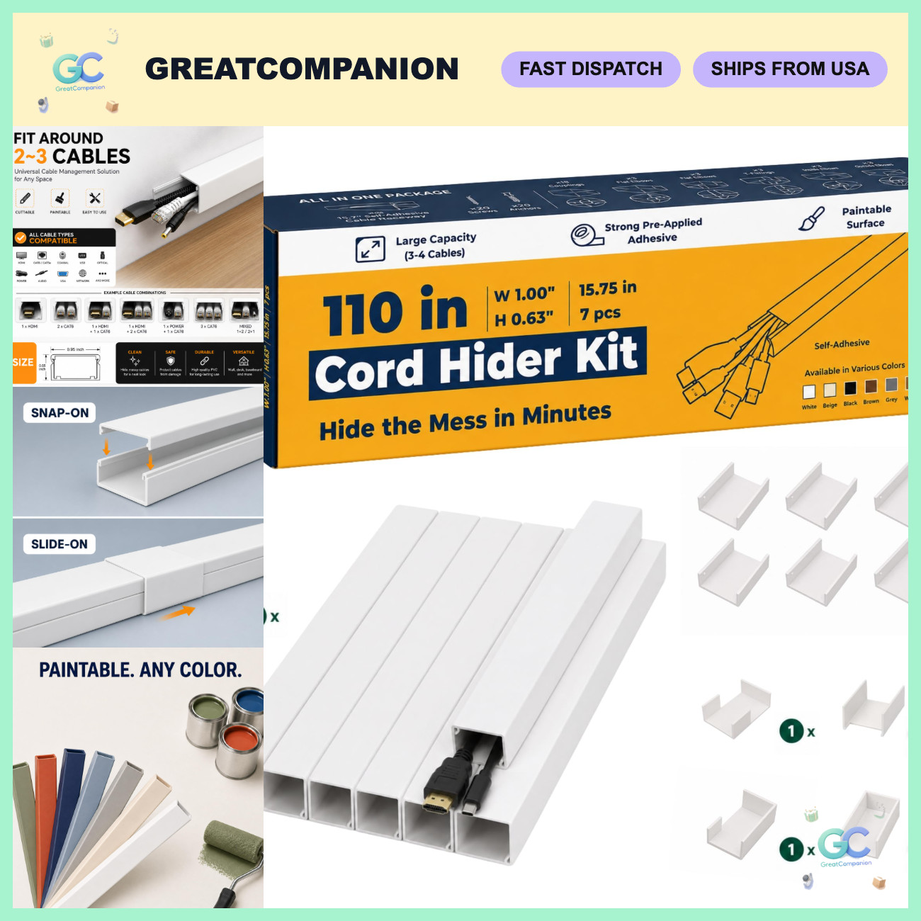 110" Cable Raceway Kit - Wall Cord Hider, PVC Wire Cover, Self-Adhesive Cable Ma