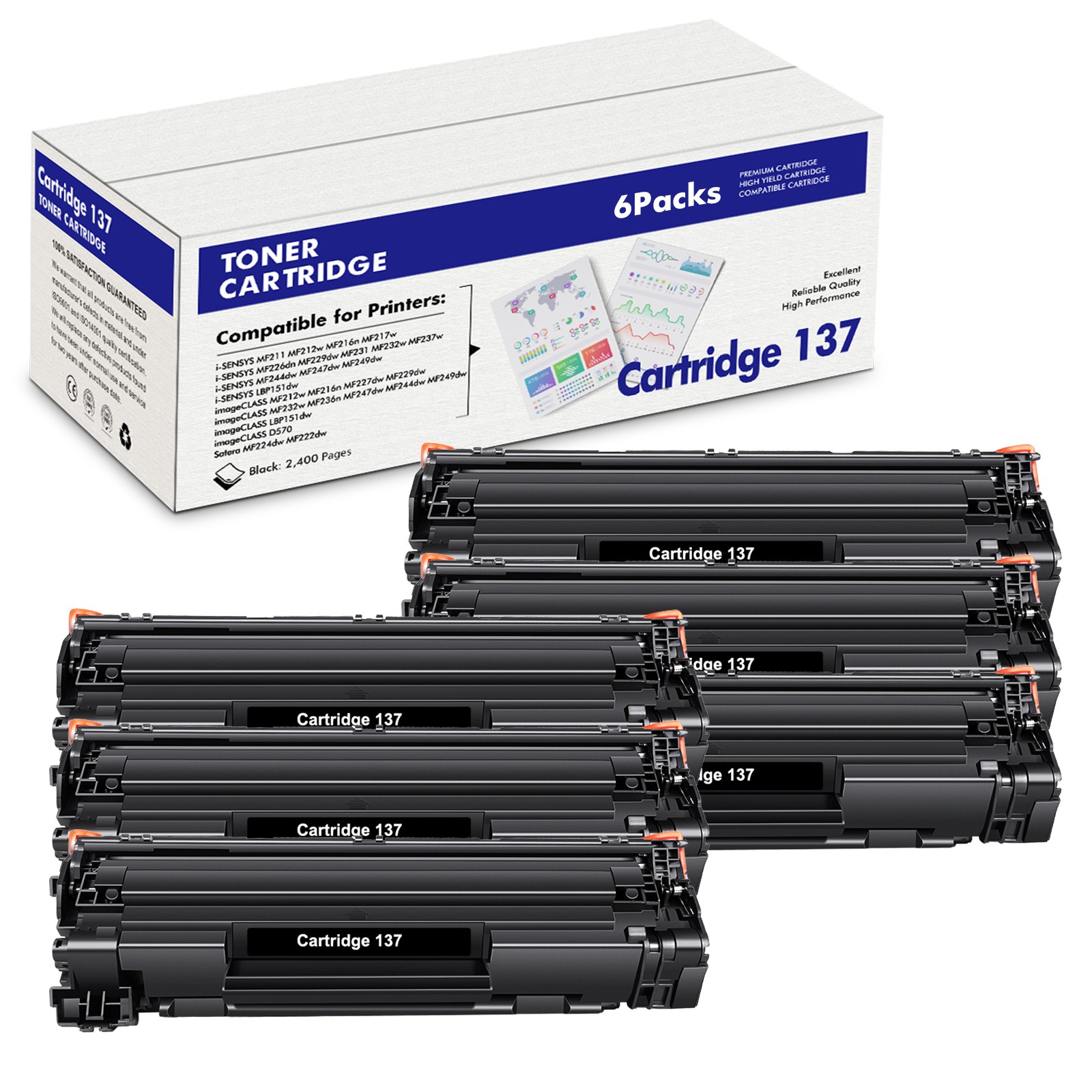 6PK CRG137 Black Toner Cartridge for Canon 137 ImageClass MF236n MF247dw MF249dw