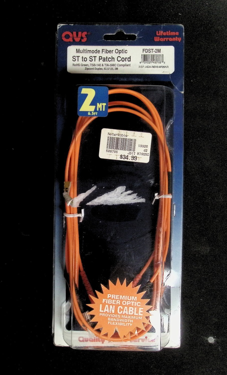 QVS Multimode Fiber Optic ST to ST Patch Cord (Model: FDST-2M).