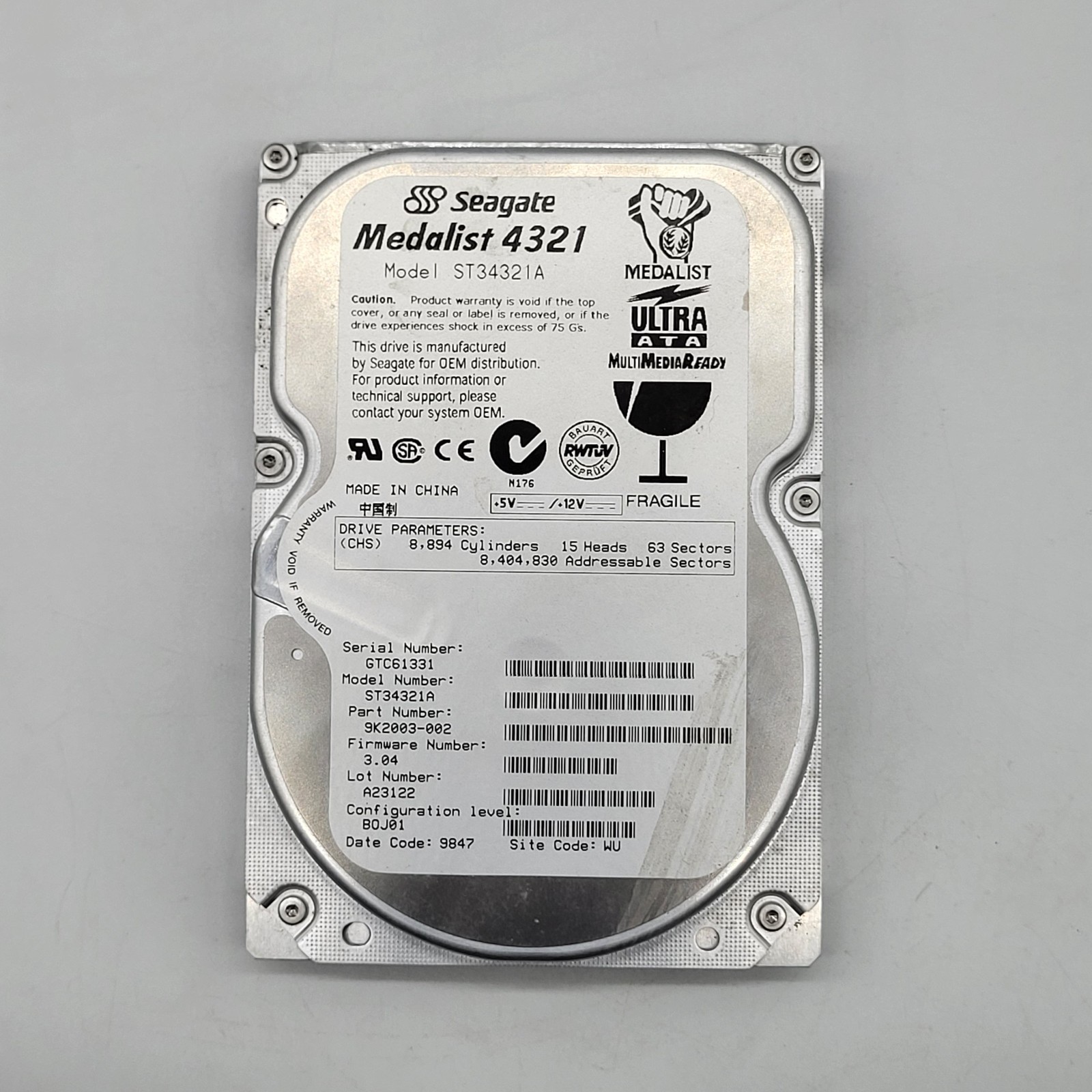 Seagate Medalist 4321 ST34321A 4.3GB IDE PATA 3.5" 5400RPM Vintage HDD