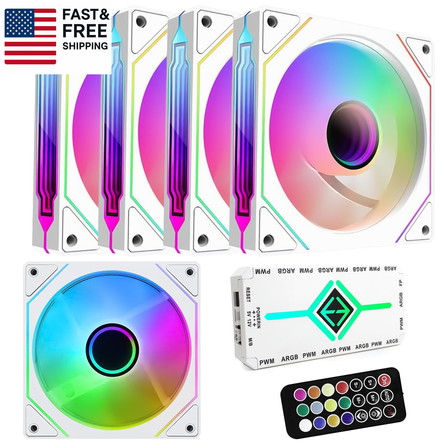 RGB Fans 120Mm 5 Pack with Hub,Argb 120Mm PWM Fans,Forward,White