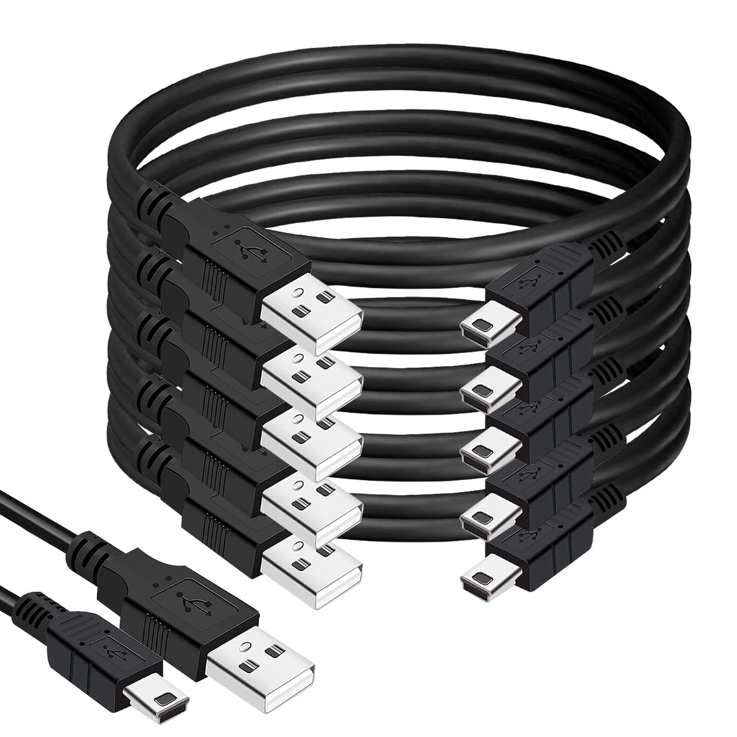 (5-Pack) Mini USB Cable 15ft., Durable to 15-Feet, Black