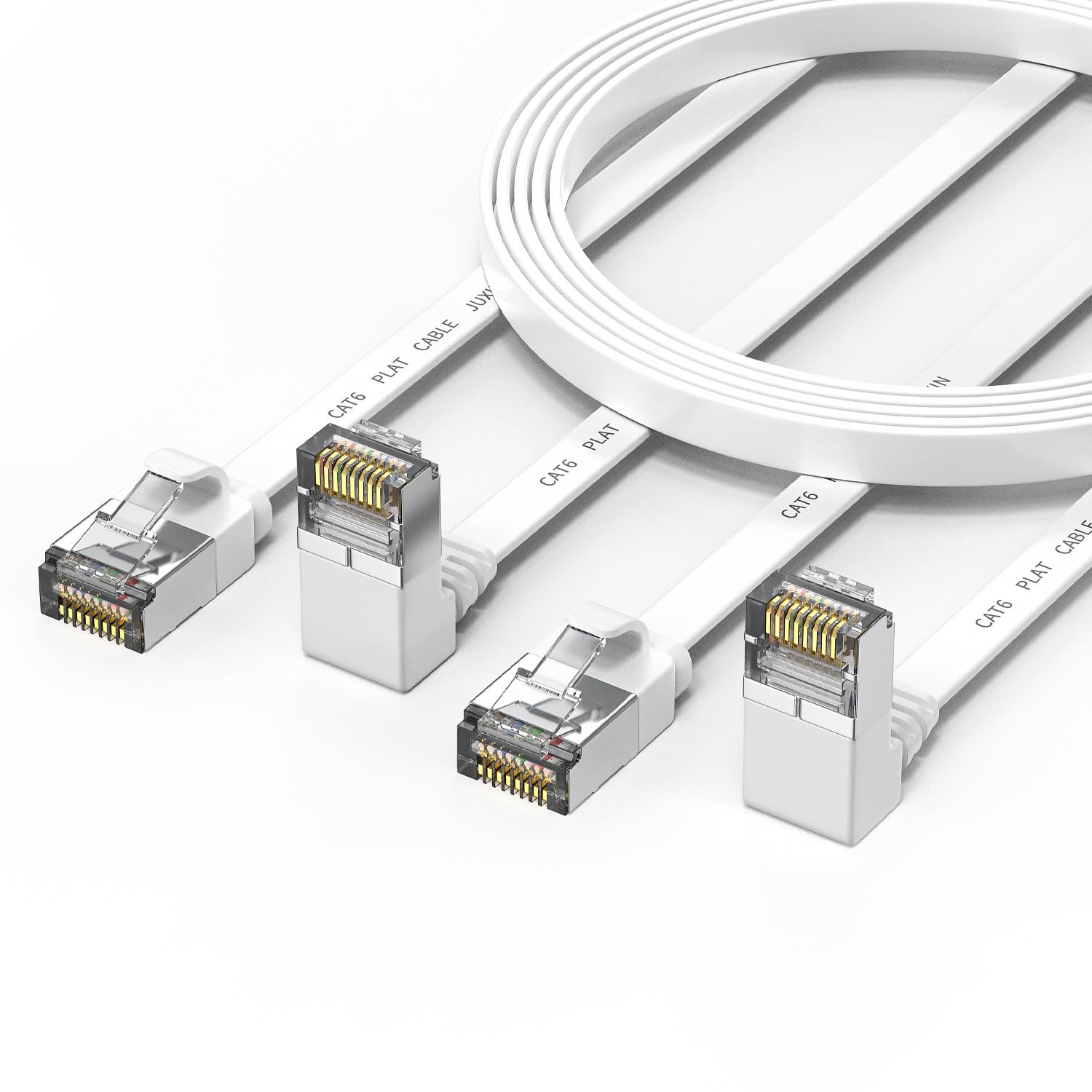 2 Pack 6ft Cat6 Flat Ethernet Cable 90 Degree Right Angle White Cord