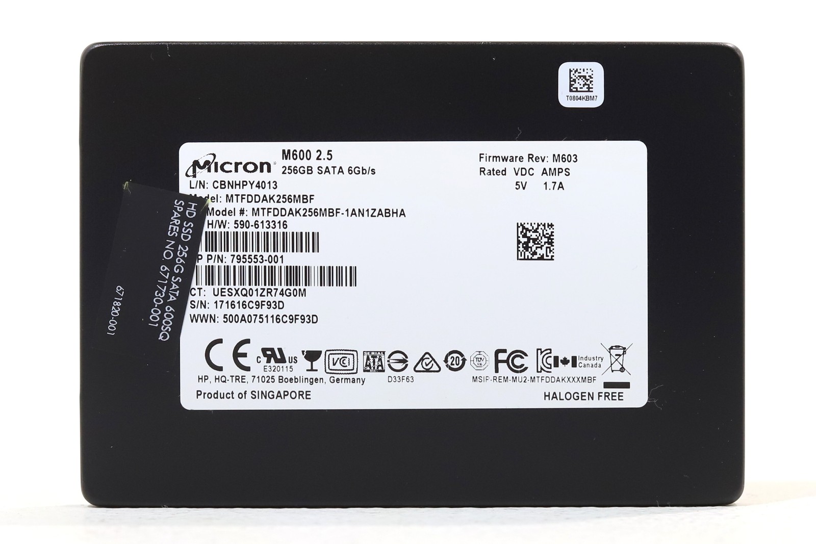 HP M600 MTFDDAK256MBF-1AN1ZABHA 256GB 2.5" 6Gb/s SATA III SSD P/N: 671730-001