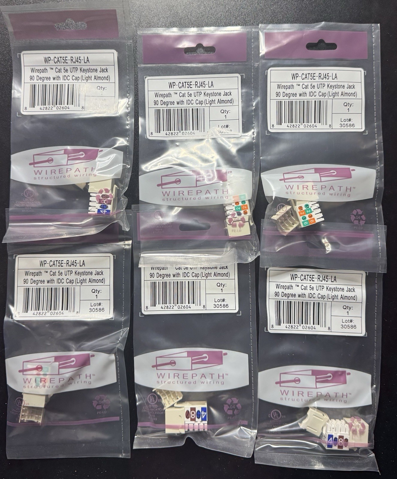 Wirepath WP-CAT5E-RJ45-LA Cat 5e RJ45 UTP Keystone Jack - 90 Degree Lot of 6