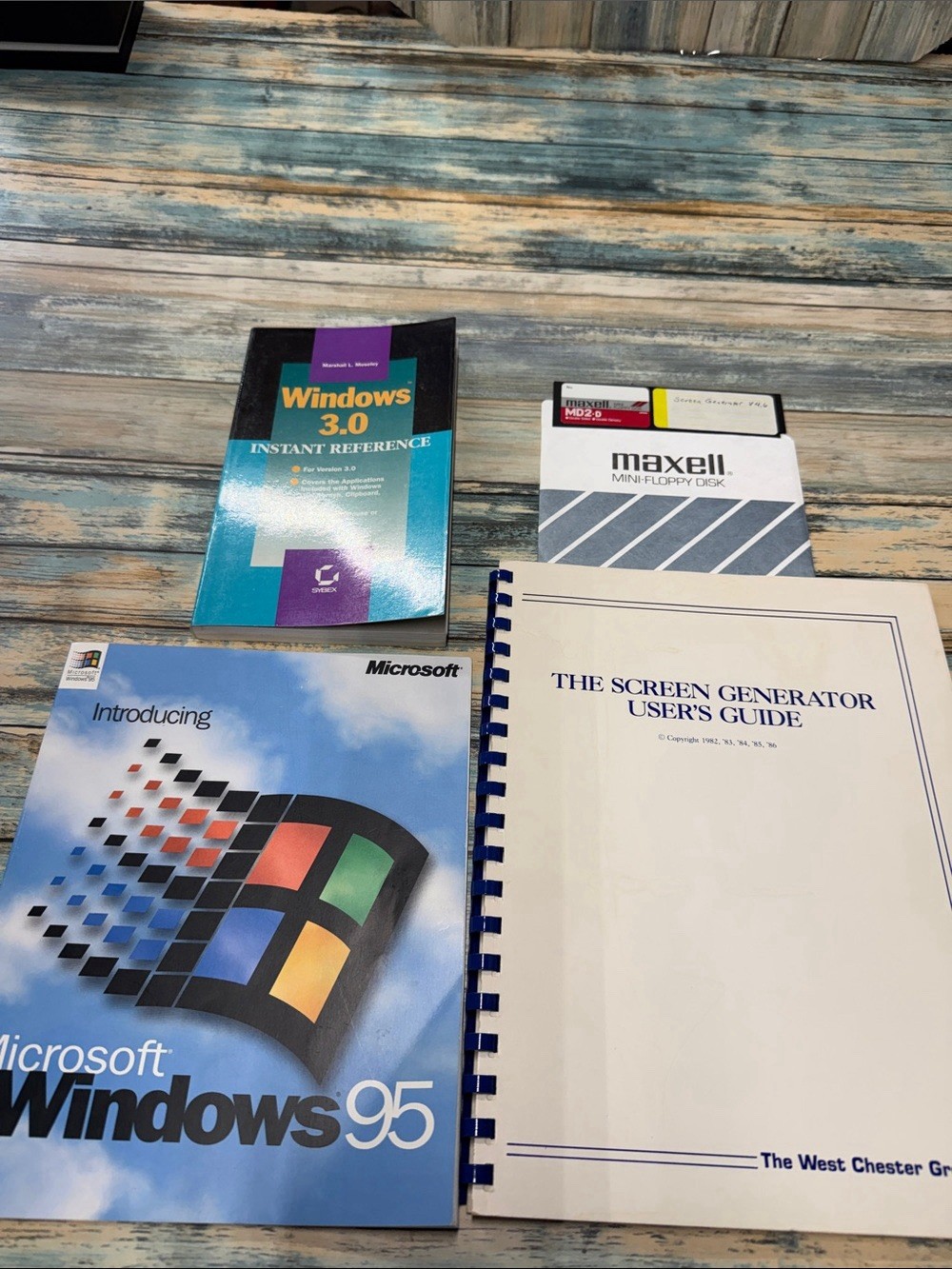 Vintage 90s Windows 95 Manual & Windows 3.0 Guide + 1980s Floppy Disk Lot