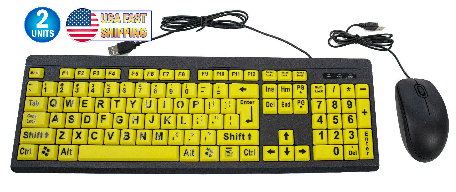 2 Big Bright Easy See Keyboard Yellow Large Print Letter Visual Impaired + Mouse