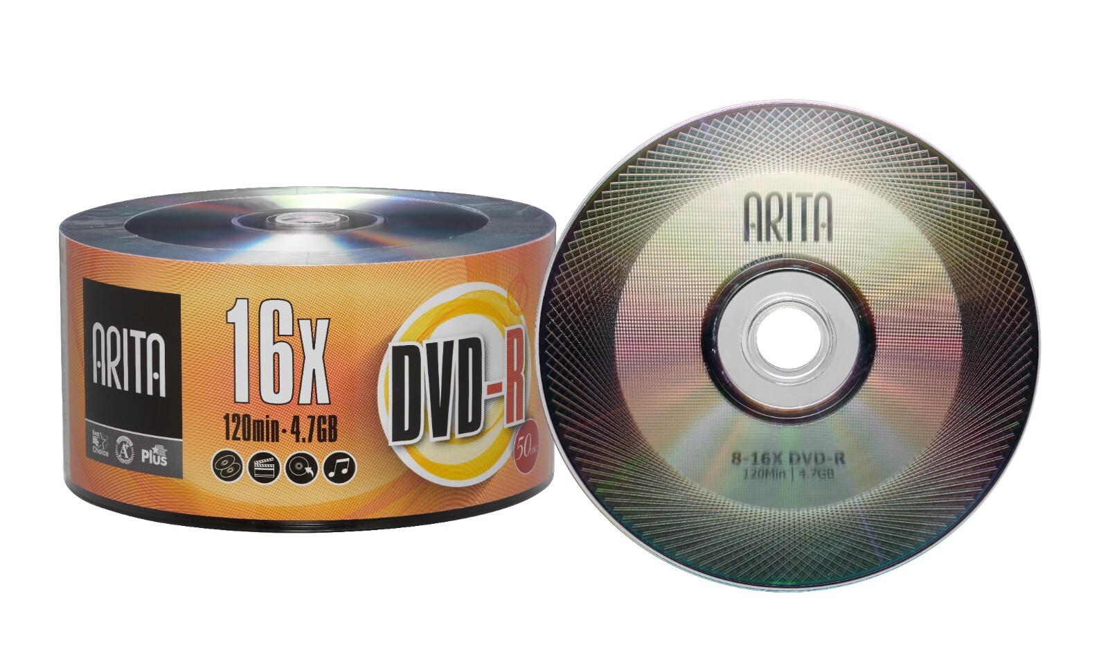 50 Pack Arita DVD-R 16X 4.7GB/120Min Branded Logo Blank Media Recordable Disc