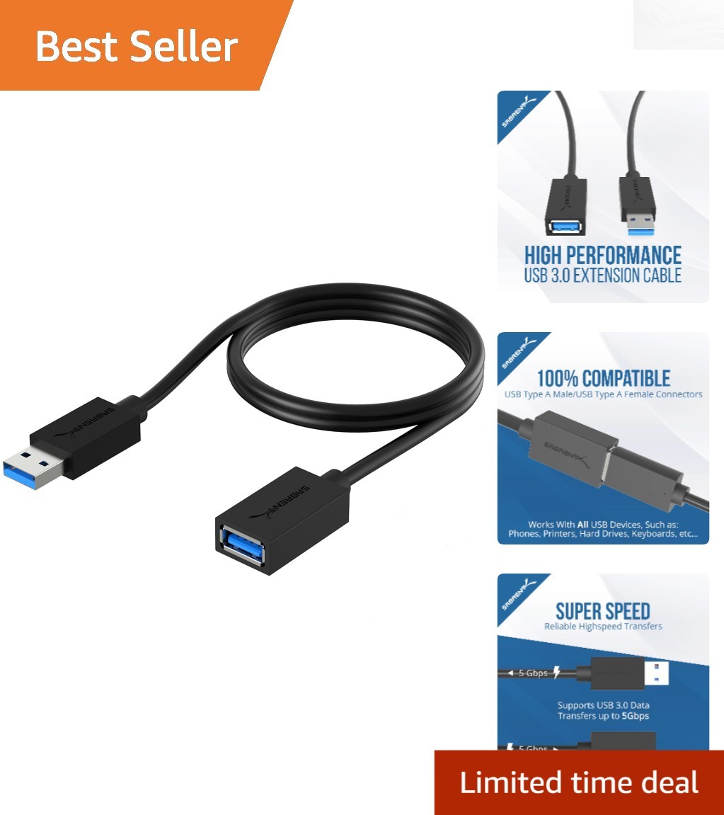 Durable Black USB 3.0 Extension Cable - 3ft A Male to A Female - Shielded