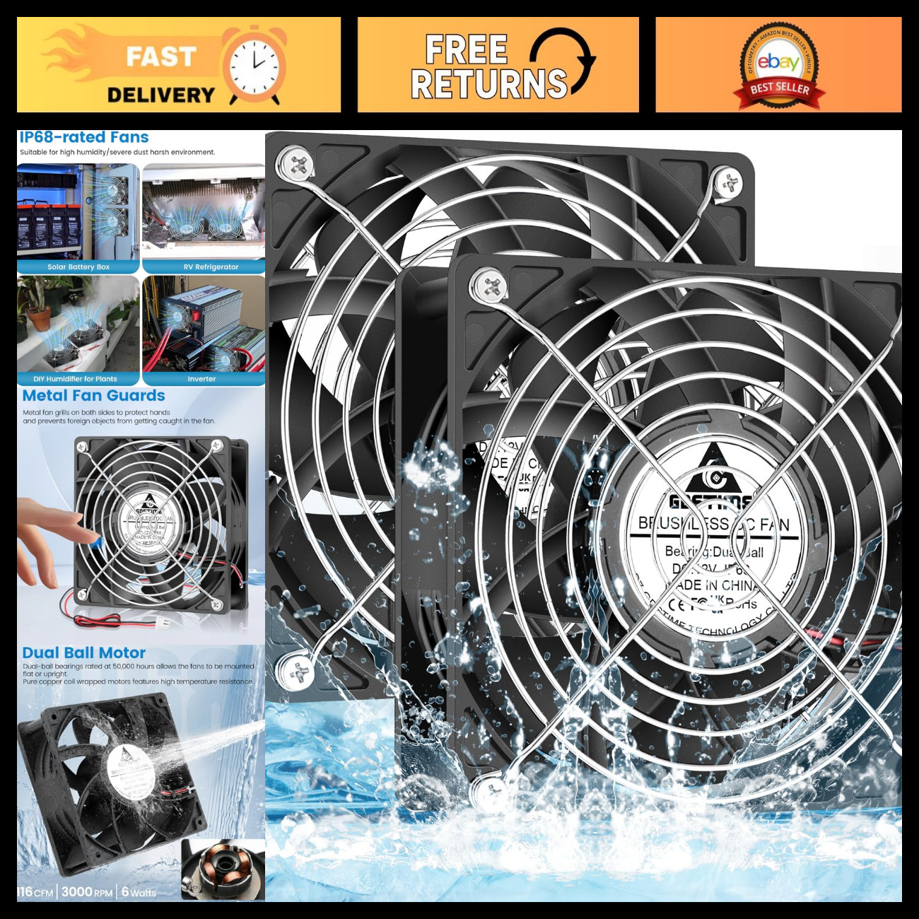 120mm Waterproof Cooling Fan 12V DC High Speed Dual Ball Bearing 2-Pin IP68