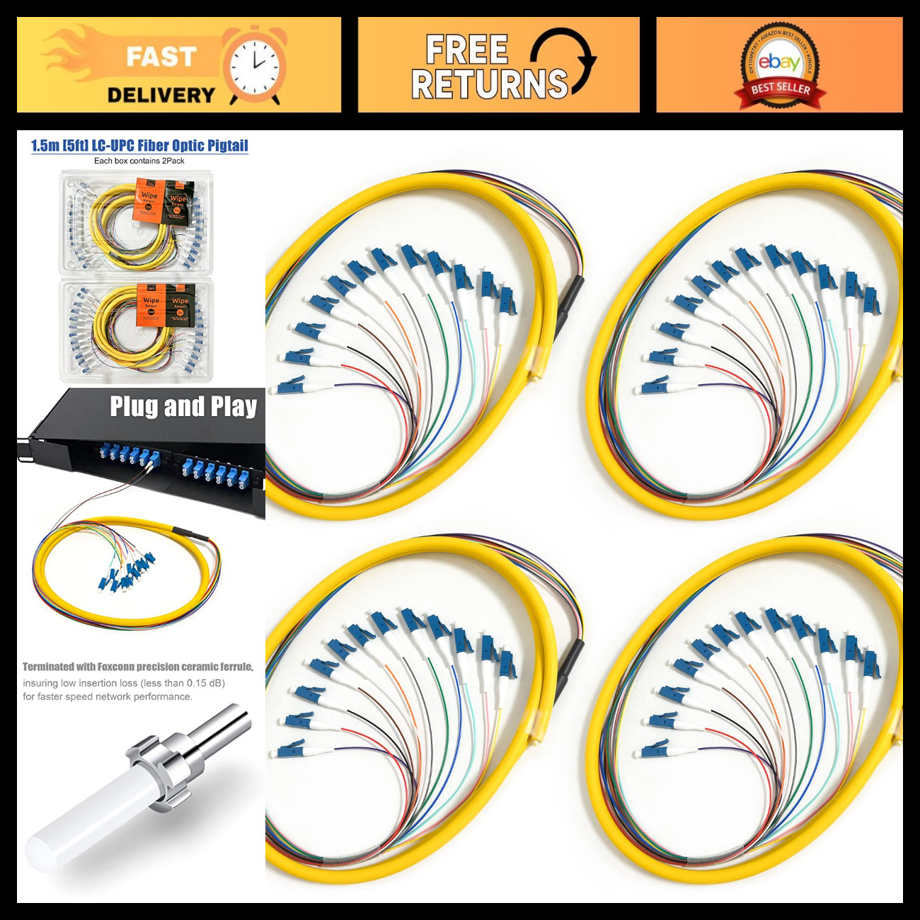 4-Pack 1.5m Single Mode LC UPC Fiber Optic Pigtails, 12 Fibers, OS2 9/125, High-