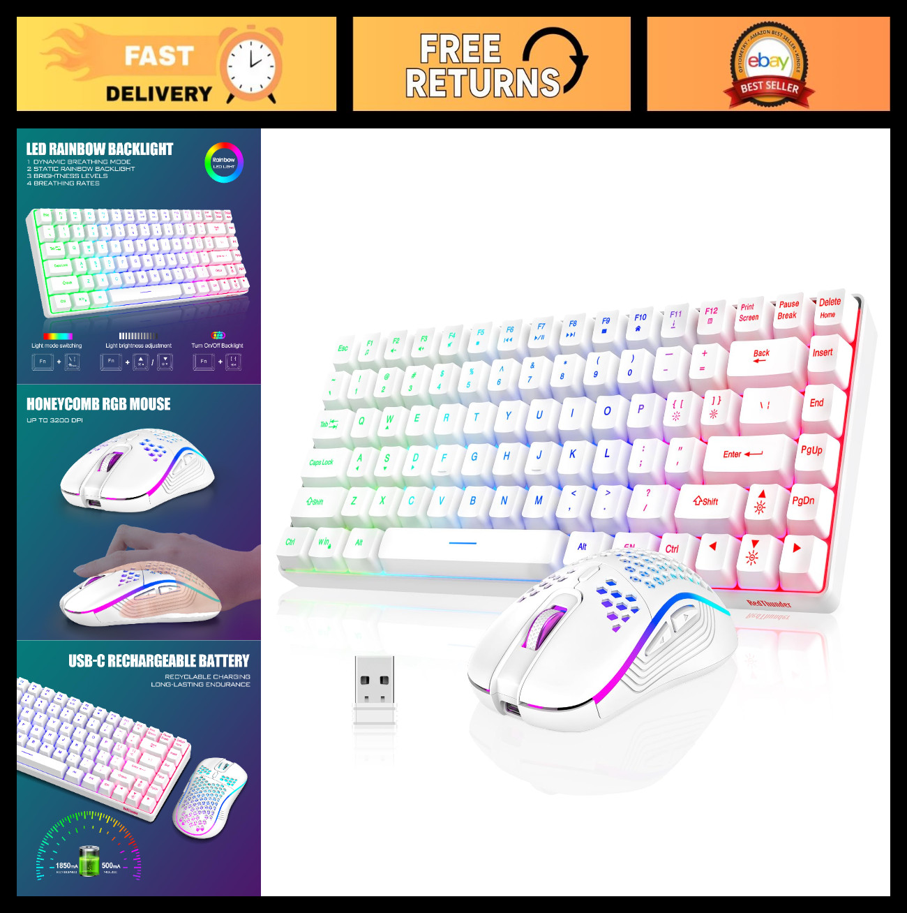 Wireless Gaming Keyboard and Mouse Combo - Rainbow Backlit, Rechargeable TKL, 32