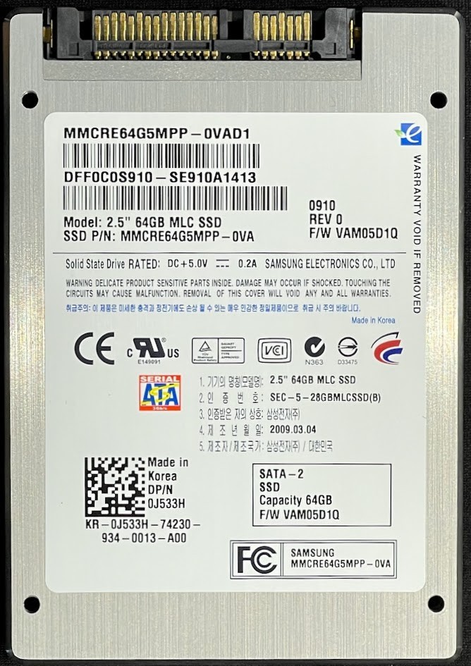 Samsung 64GB 2.5" Internal SATA II SSD / MMCRE64G5MPP-0VAD1 / J533H / H660G