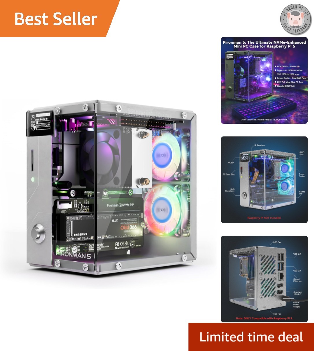 Aluminum Pironman 5 Mini PC Case with NVMe SSD Support & Stylish RGB Lighting