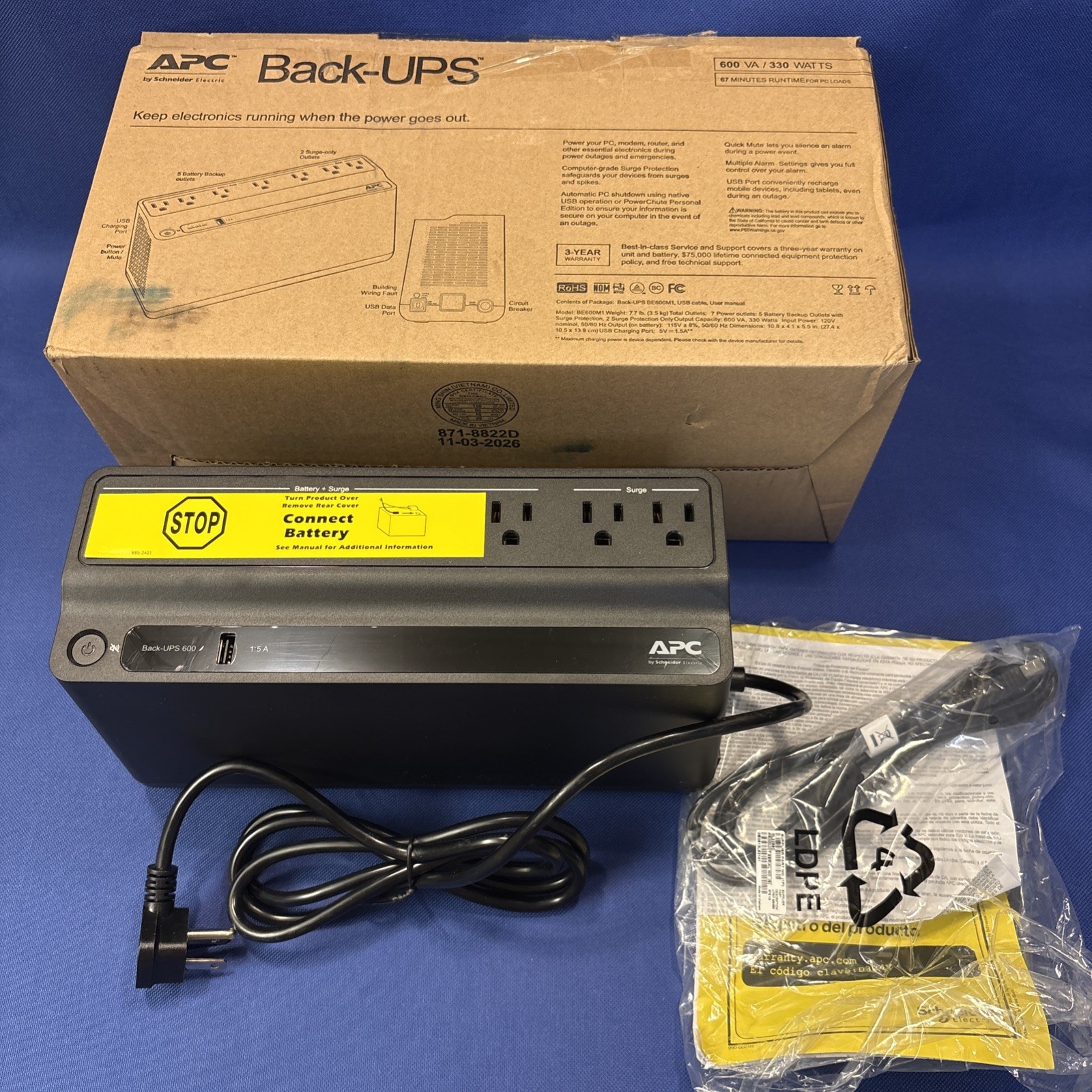 APC Back-UPS BE600M1 600VA 330W UPS, 7 Outlets, Surge + USB, Black