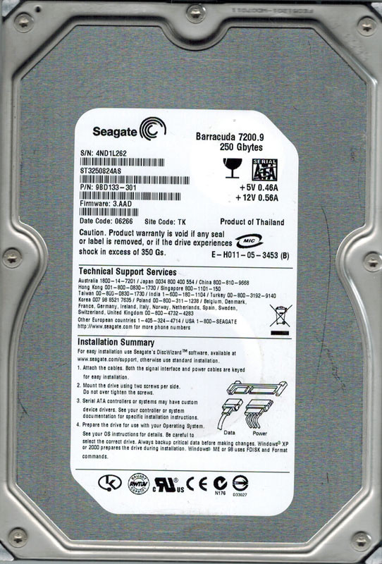 Seagate ST3250824AS P/N: 9BD133-301 F/W: 3.AAD 250GB TK