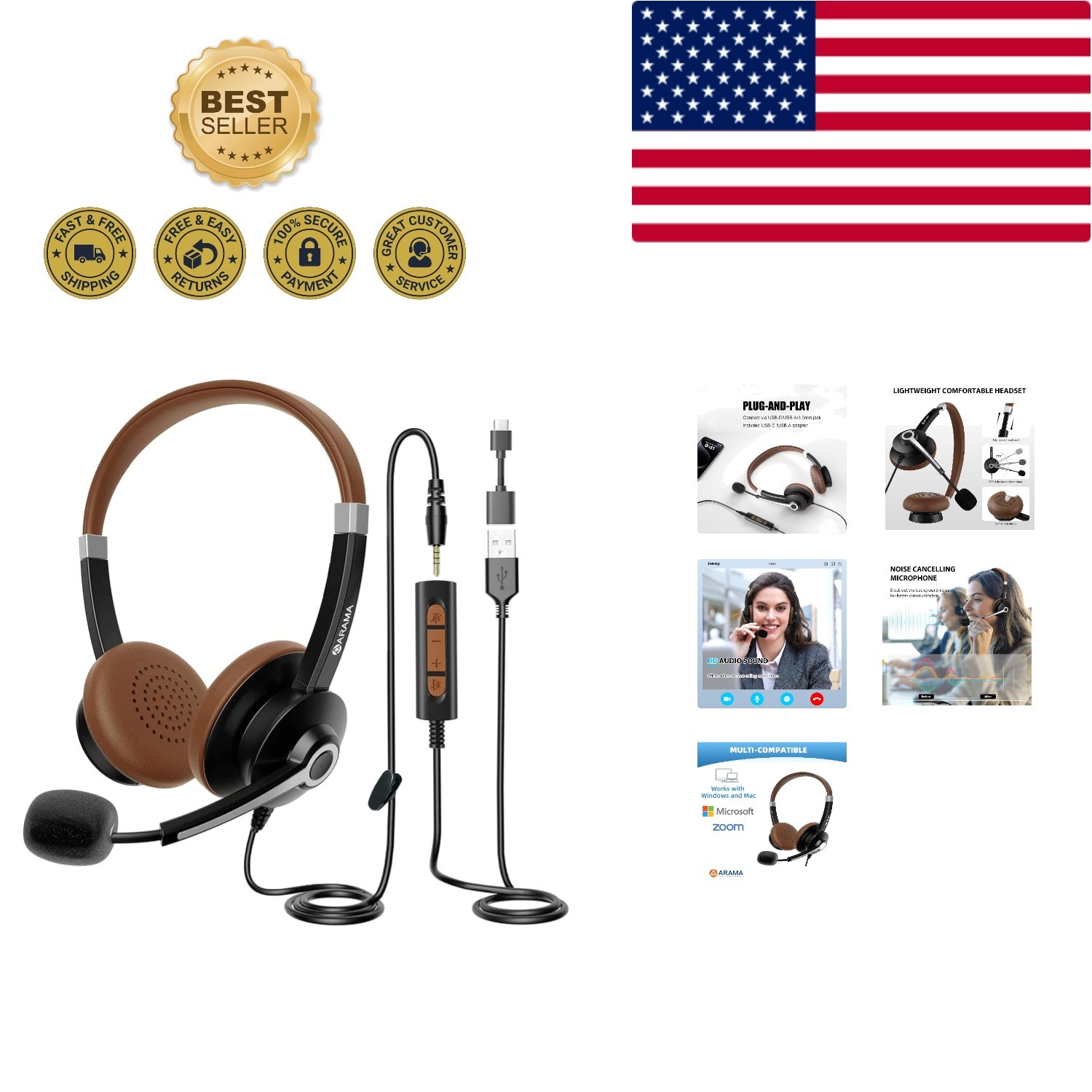 Lightweight USB-A/C Headset with Adjustable Mic - Perfect for Calls & Gaming