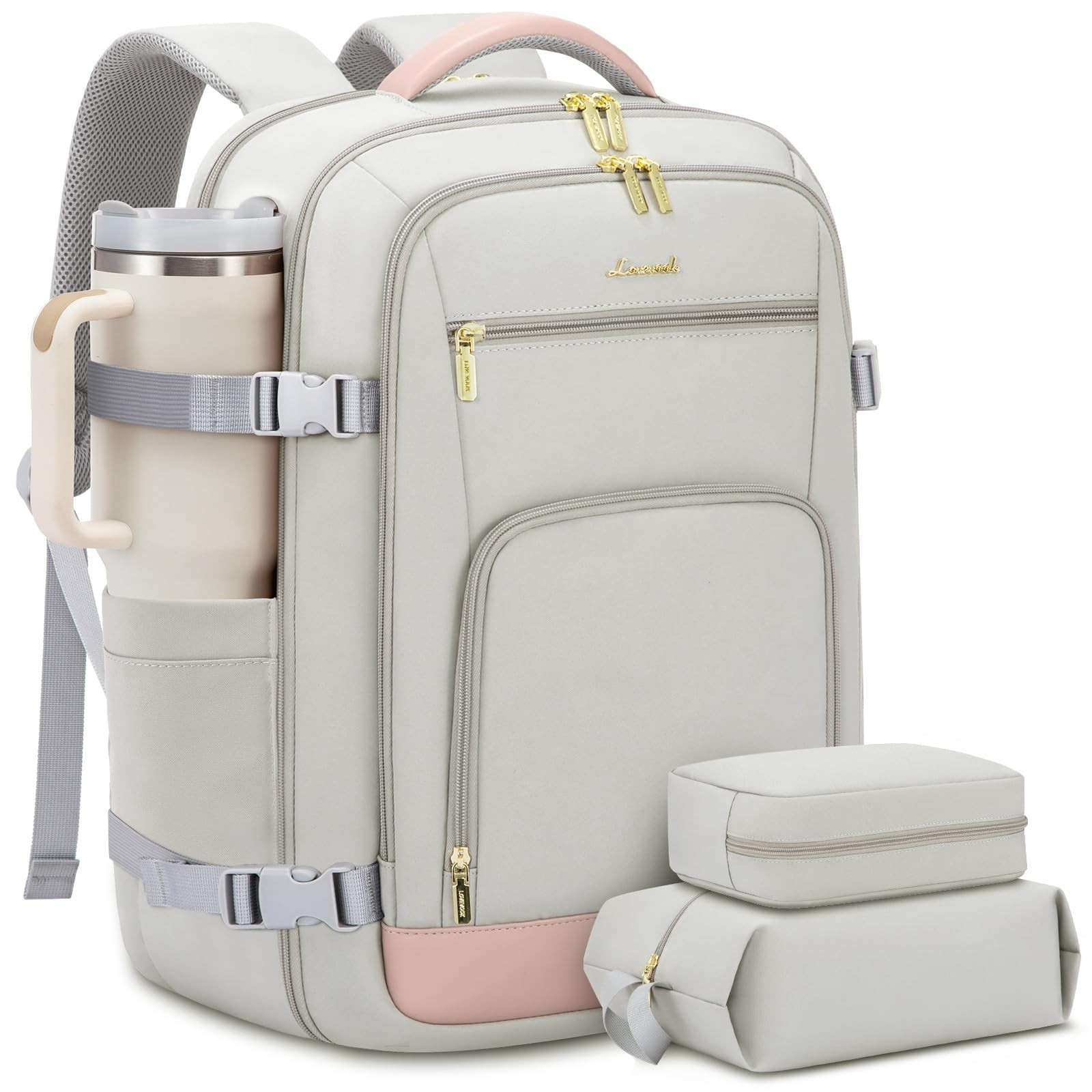 LOVEVOOK Travel Backpack For Women, 40L Carry 40L-17.3 Inch-3Pcs, Pink-grey 