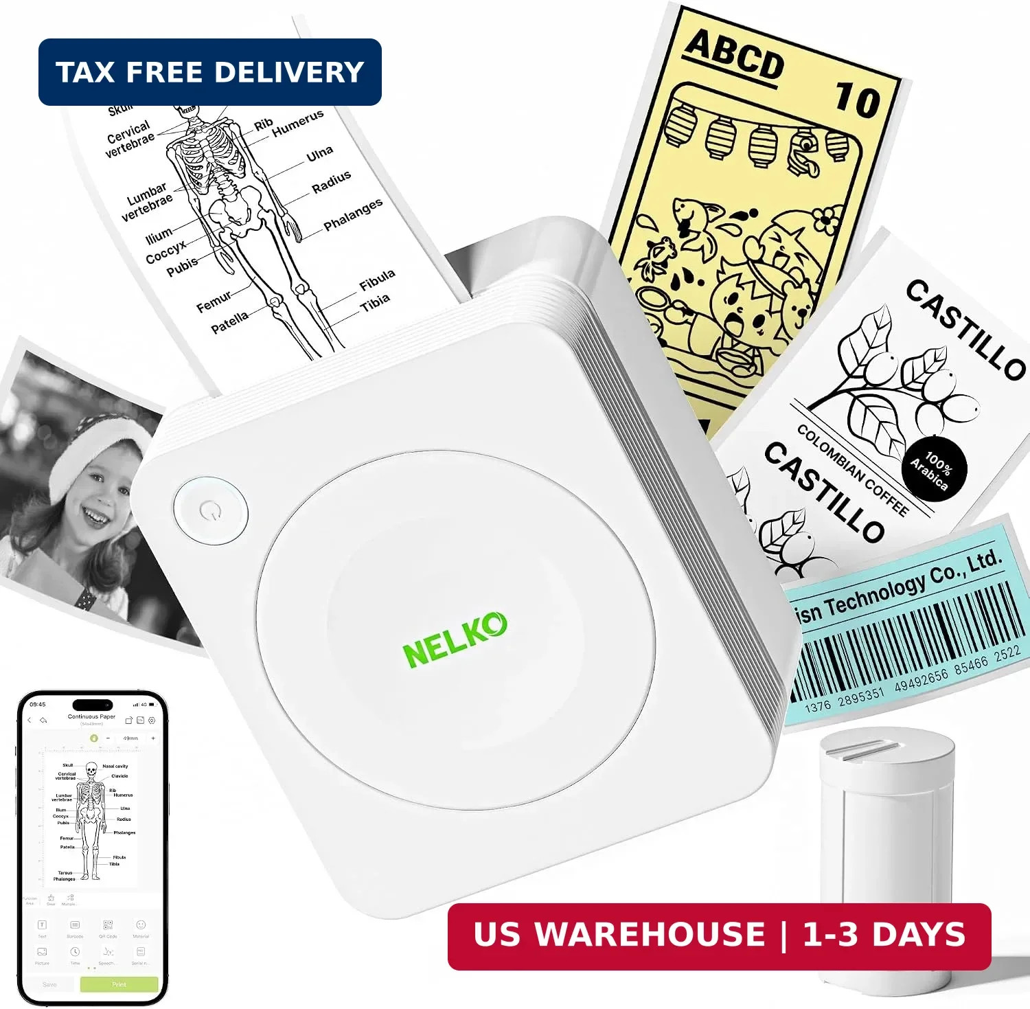 Mini Sticker Printer, PM230 Print Pod with 1 Roll of Paper, White