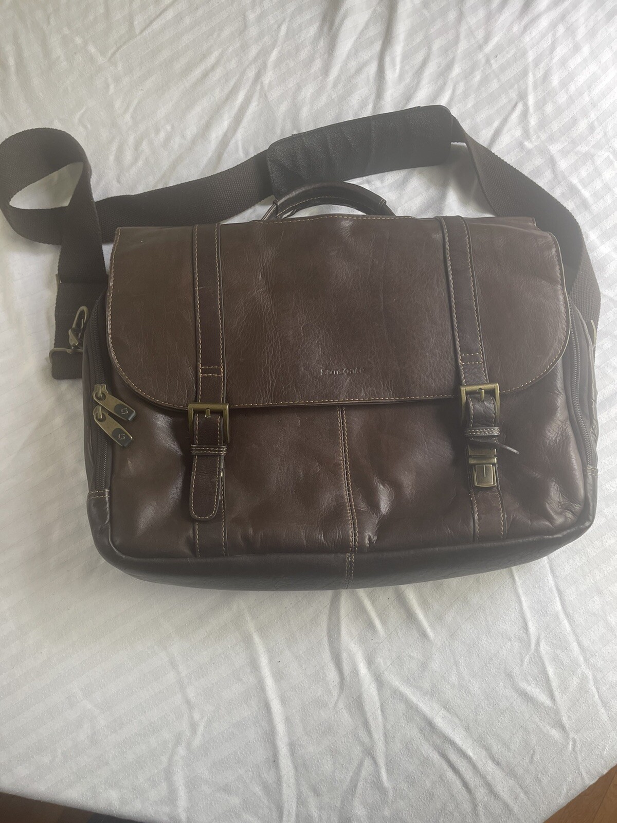 Samsonite Brown Leather Briefcase Laptop Classic Style Flap Messenger