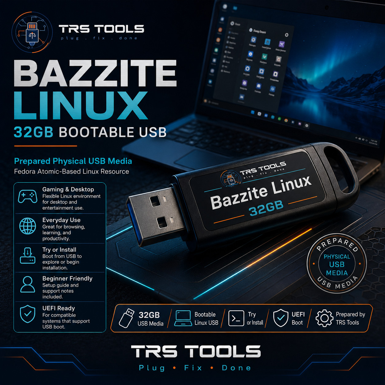 Bazzite Linux Bootable USB 32GB Prepared Physical Media