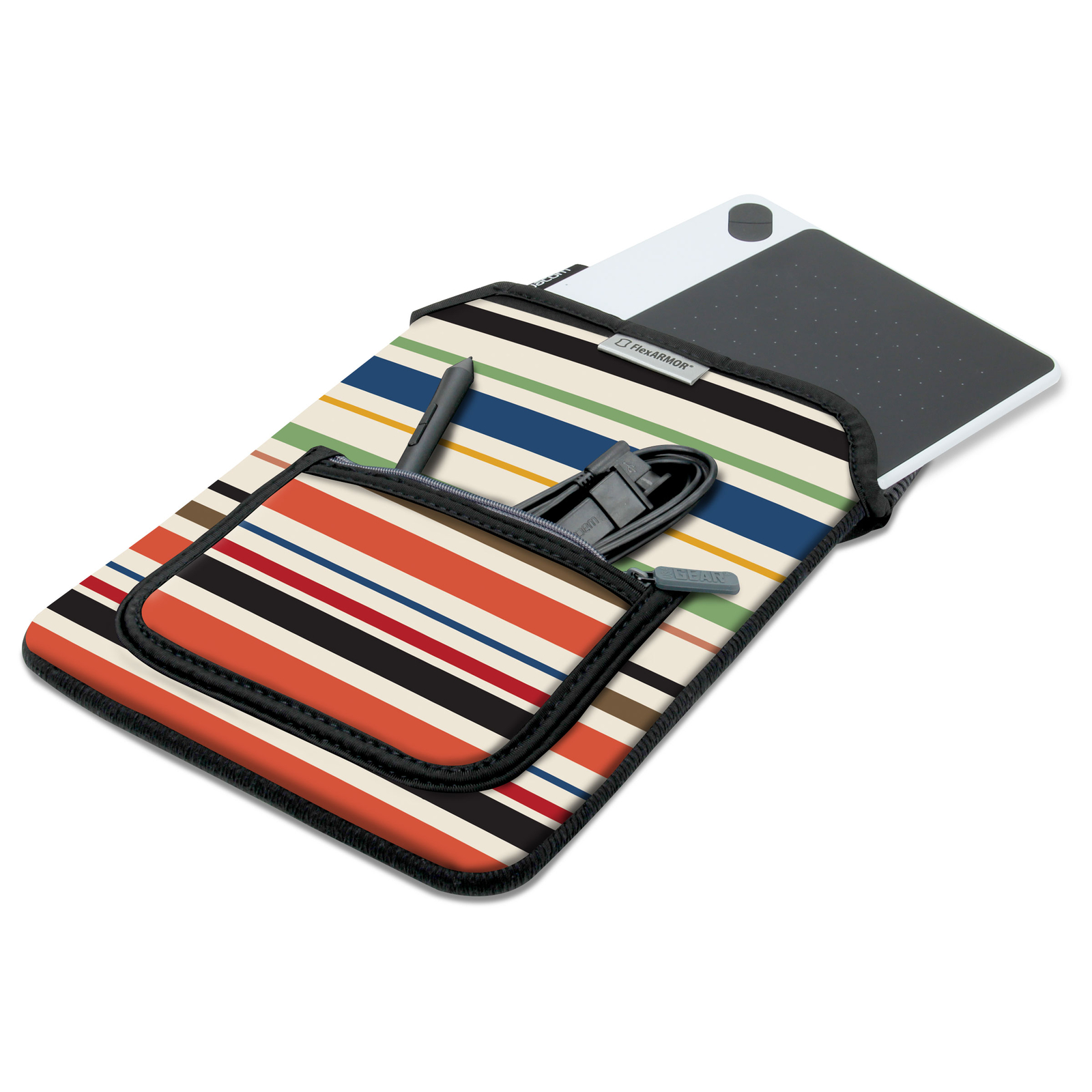 Striped Neoprene Tablet Sleeve with Carrying Handle & Zippered Accessory Pocket