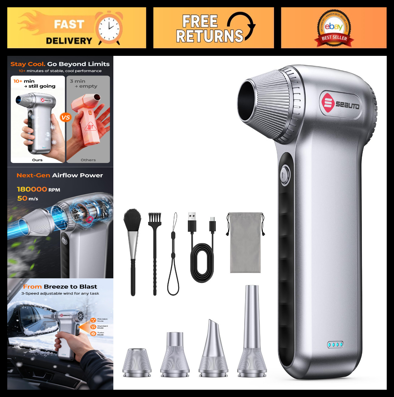 Powerful Cordless Electric Air Duster 180000RPM, Rechargeable Mini Blower for PC